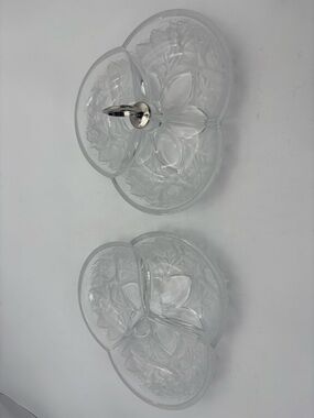Gorgeous Vintage Crystal Divided Serving Dish Pair In Frosted Rose Pattern